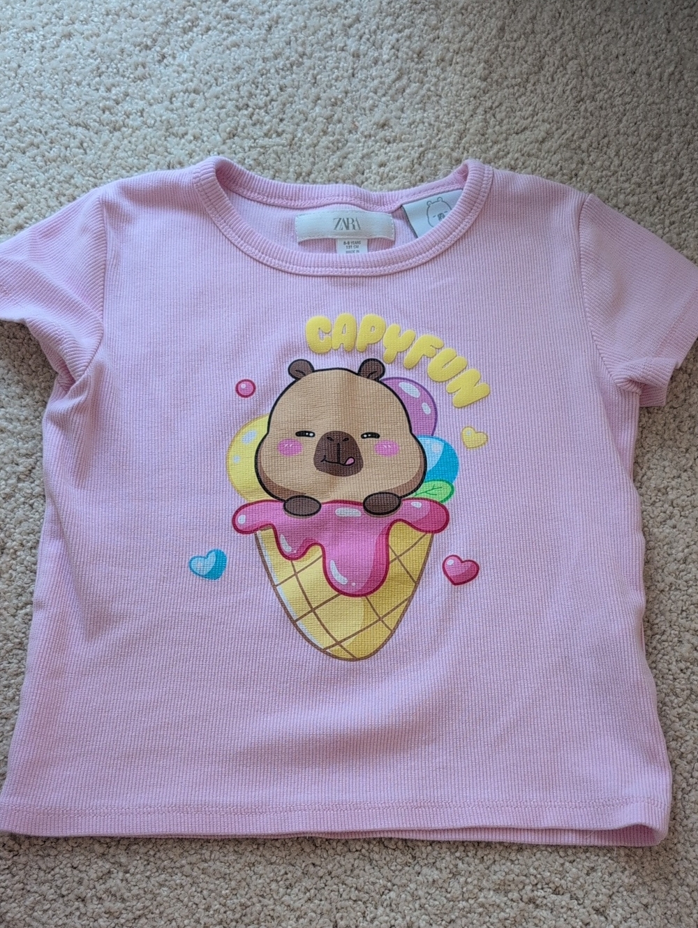 Kids Zara Pink 'Capyfun' Ice Cream Bear Graphic Tee Size 8-9